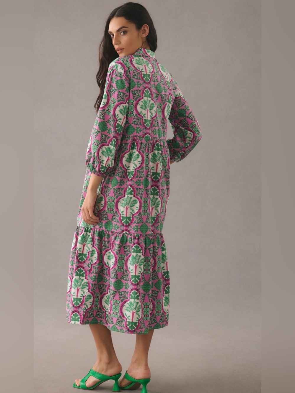 Anthropologie Maeve The Bettina Midi Dress, shirt dress, medium green pink - Picture 3 of 7